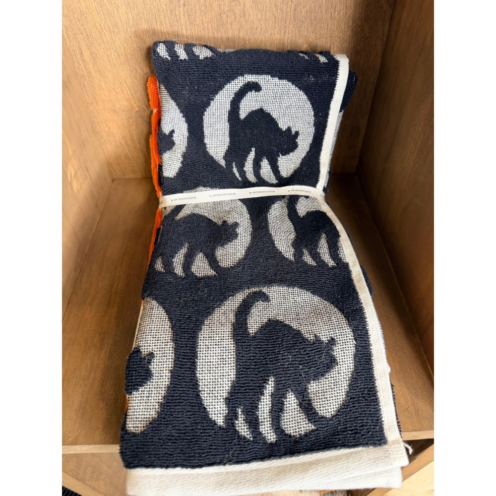 Anthropologie Halloween Dish Towel Set 2 Pack Ghosts and Black Cats Orange Navy